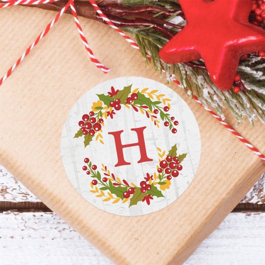 Holly Berries Krans Winter Blessing Monogram Ronde Sticker