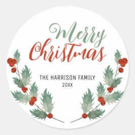 Holly Berries Leaf Greenery Kerstmis Ronde Sticker