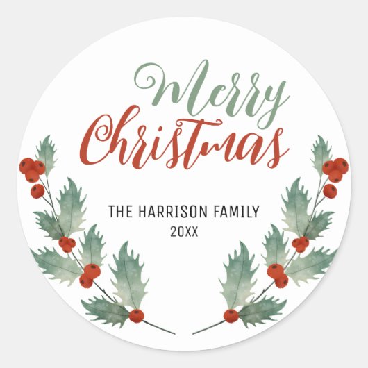 Holly Berries Leaf Greenery Kerstmis Ronde Sticker (Voorkant)