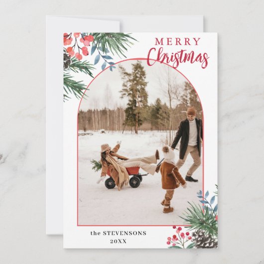 Holly Berries Merry Christmas Chic Arch Photo Feestdagenkaart (Voorkant)