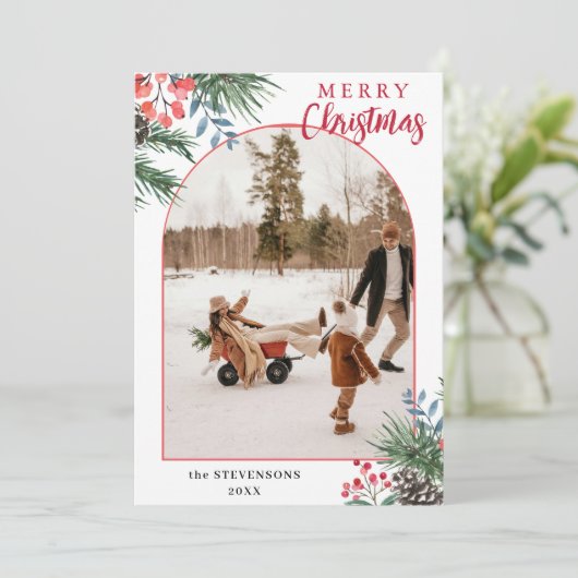 Holly Berries Merry Christmas Chic Arch Photo Feestdagenkaart (Staand voorkant)