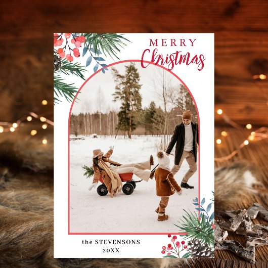 Holly Berries Merry Christmas Chic Arch Photo Feestdagenkaart