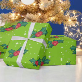 Holly Berries met sneeuw en sterren op helder groe Cadeaupapier