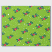 Holly Berries met sneeuw en sterren op helder groe Cadeaupapier (Vlak)