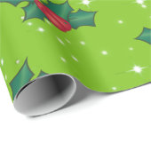 Holly Berries met sneeuw en sterren op helder groe Cadeaupapier (Rol Hoek)