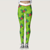 Holly Berries met sneeuw en sterren op helder groe Leggings (Voorkant)