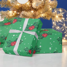 Holly Berries met sneeuw en sterren op Zee Green Cadeaupapier