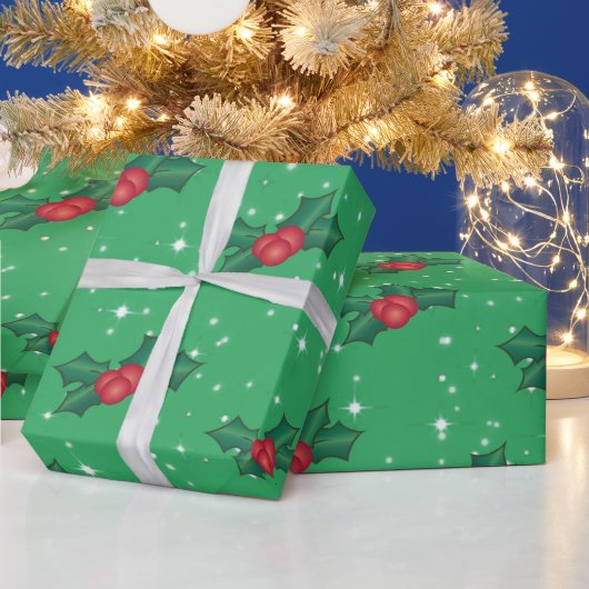 Holly Berries met sneeuw en sterren op Zee Green Cadeaupapier (Feestdagen)