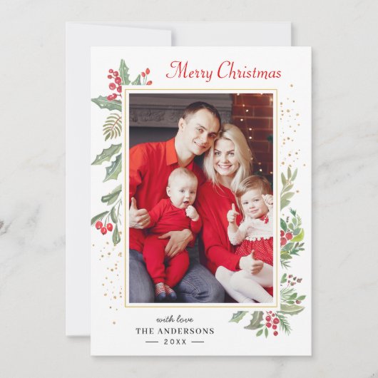 Holly Berries Mistletoe Chic Merry-kerstfoto Feestdagenkaart (Voorkant)