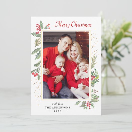 Holly Berries Mistletoe Chic Merry-kerstfoto Feestdagenkaart (Staand voorkant)