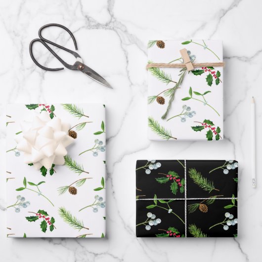 Holly Berries Mistletoe Ferns Kerstpatroon Inpakpapier Vel (Voorkant)