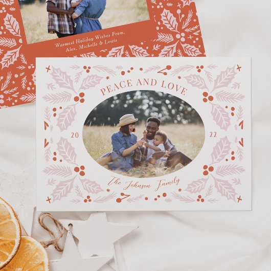  Holly Berries Oval Foto | Helder rood roze Feestdagenkaart