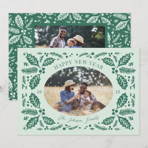  Holly Berries Oval Foto   Munt Green Feestdagenkaart