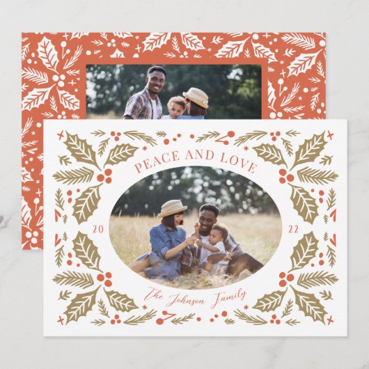  Holly Berries Oval Foto | Rood en Golden Feestdagenkaart (Voorkant / Achterkant)