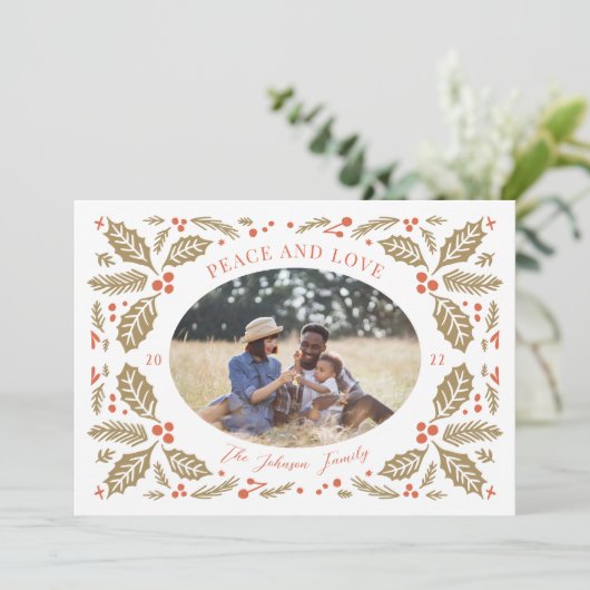 Holly Berries Oval Foto | Rood en Golden Feestdagenkaart (Staand voorkant)