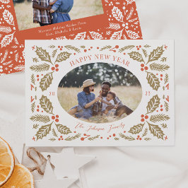 Holly Berries Oval Foto | Rood en Golden Feestdagenkaart