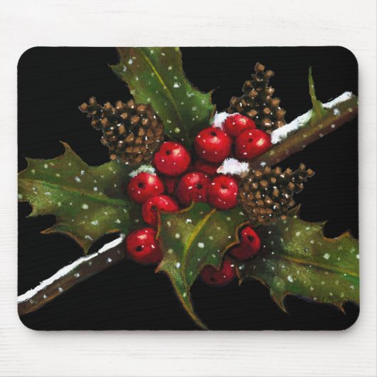 Holly Berries, pijnbomen: kerstoliepastel Muismat (Voorkant)