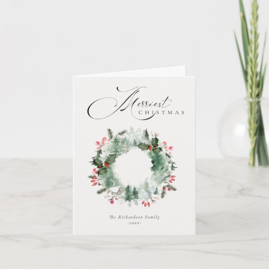 Holly Berries Pijnboom Rode Kerstkrans Feestdagen Kaart (Voorkant)