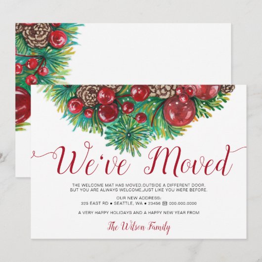 Holly Berries Pine Cone Holiday Moving Aankondiging (Voorkant / Achterkant)