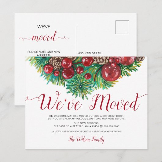 Holly Berries Pine Cone Holiday Moving Aankondigingskaart (Voorkant / Achterkant)