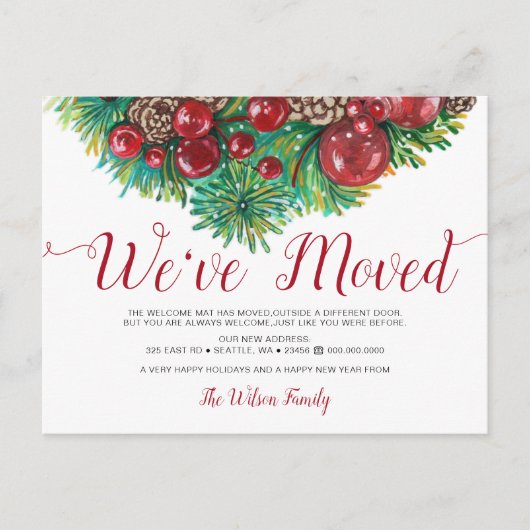  Holly Berries Pine Cone Holiday Moving Aankondigingskaart (Voorkant)