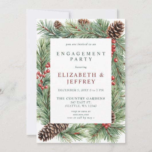 Holly Berries Pine Cone Kerstverlovingsfeest Kaart (Voorkant)