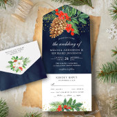 Holly Berries Pine Cone Navy kerstbruiloft All In One Uitnodiging