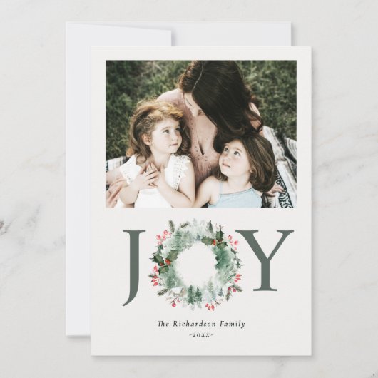 Holly Berries Pine Joy Kerstkrans Foto Feestdagenkaart (Voorkant)