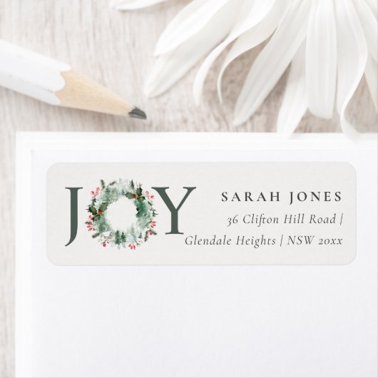 Holly Berries Pine Joy Kerstmis Wreatadres Etiket (Insitu)