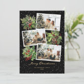 Holly Berries Pine Kegels Zwart Foto Kerstmis Feestdagenkaart (Staand voorkant)