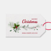 Holly Berries Pine Merry Kerstmis Cadeaulabel (Voorkant (Horizontaal))