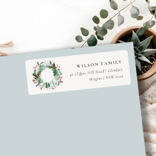 Holly Berries Pine Snow Kerstmis Wreatadres Etiket