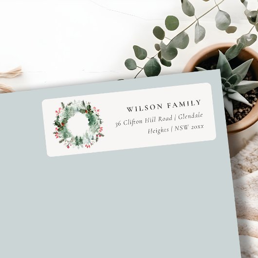 Holly Berries Pine Snow Kerstmis Wreatadres Etiket