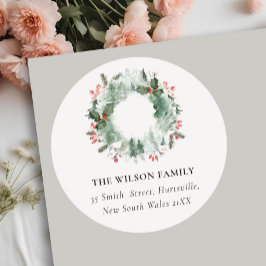 Holly Berries Pine Snow Kerstmis Wreatadres Ronde Sticker