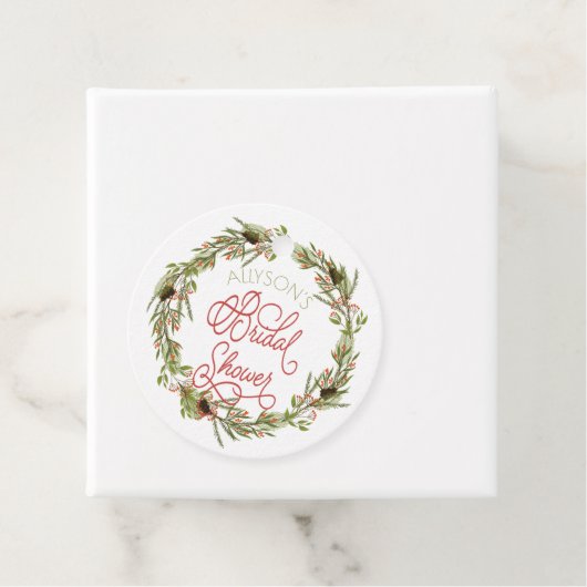 Holly Berries Pine Wreath Holiday Vrijgezellenfees Bedankjes Labels (In situ)