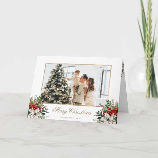 Holly Berries Poinsettia Foto Kerst Kaart (Voorkant)
