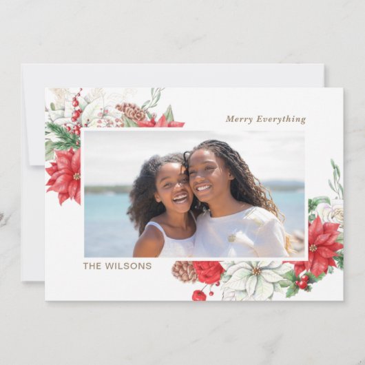 Holly Berries Poinsettias Pine Cone Foto Feestdagenkaart (Voorkant)