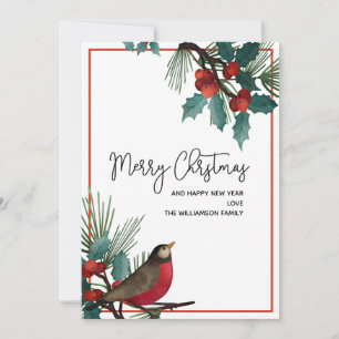 Holly Berries Red Bird kerst Feestdagenkaart