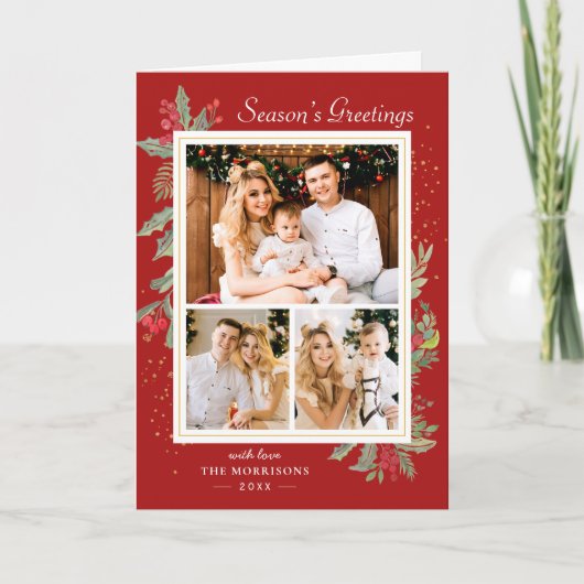 Holly Berries Red Christmas Gold Confetti 3 Foto Feestdagen Kaart (Voorkant)