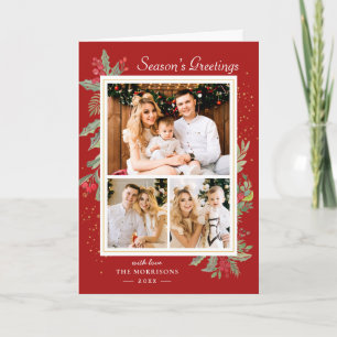 Holly Berries Red KerstGold Confetti 3 Foto Feestdagen Kaart