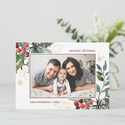 Holly Berries schetste kerstfoto Holiday Kaart (Staand voorkant)