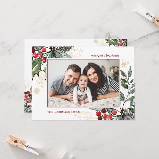 Holly Berries schetste kerstfoto Holiday Kaart (Voorkant / Achterkant in situ)