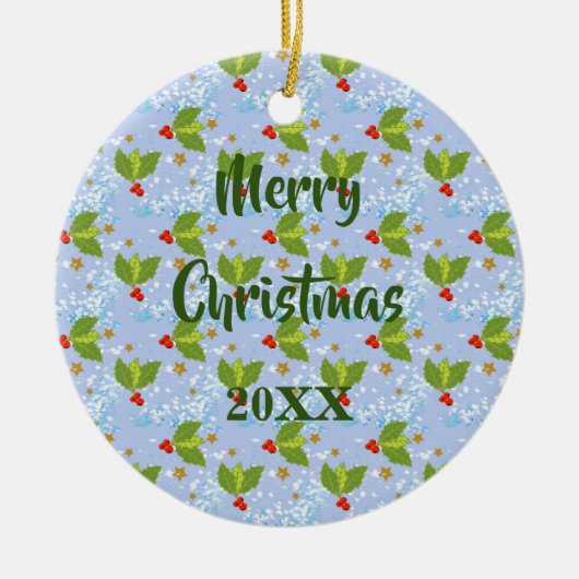 Holly berries snow and stars small scale pattern keramisch ornament (Voorkant)