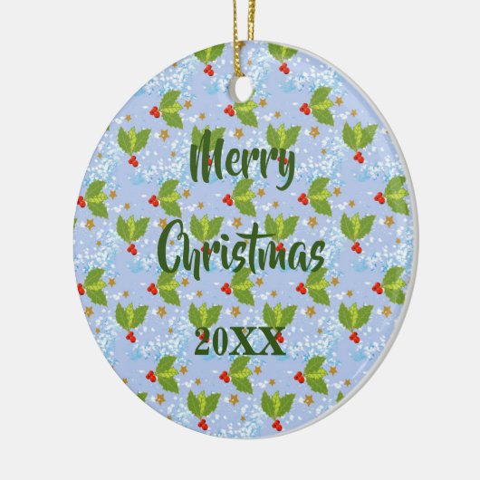 Holly berries snow and stars small scale pattern keramisch ornament (Links)