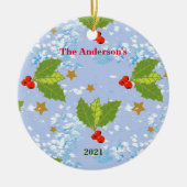 Holly berries snow stars surface pattern name year keramisch ornament (Voorkant)