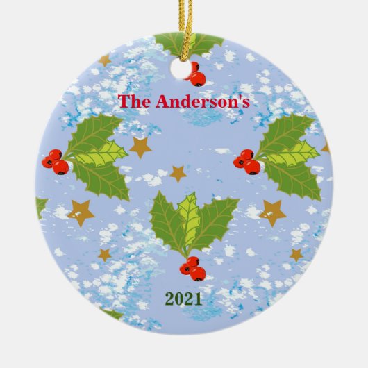 Holly berries snow stars surface pattern name year keramisch ornament (Voorkant)