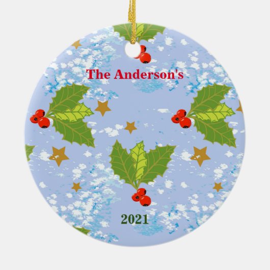 Holly berries snow stars surface pattern name year keramisch ornament (Achterkant)