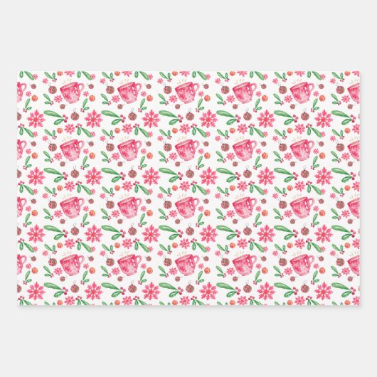 Holly Berries, Tea Cup, Waterverf Snowflakes Inpakpapier Vel (Voorkant 3)