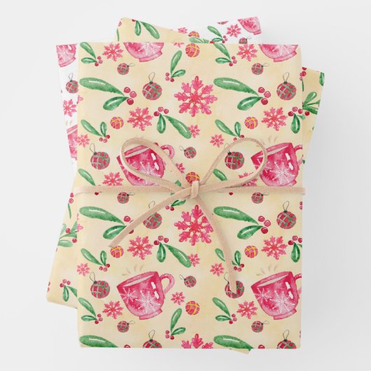 Holly Berries, Tea Cup, Waterverf Snowflakes Inpakpapier Vel (In situ)