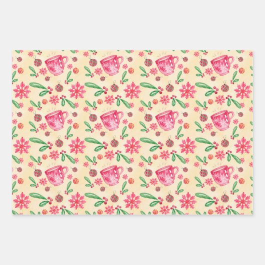 Holly Berries, Tea Cup, Waterverf Snowflakes Inpakpapier Vel (Voorkant)